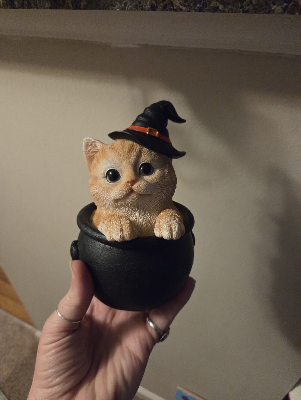 Ebros Witching Hour Halloween Tabby Cat With Witch Hat In Black Cauldron Statue